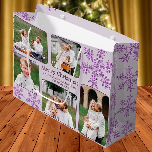 Snowflake Purple Glam 5 Photo Collage Christmas Large Gift Bag (Add your photos to this custom Christmas gift bag in purple with faux glitter snowflakes for glam)