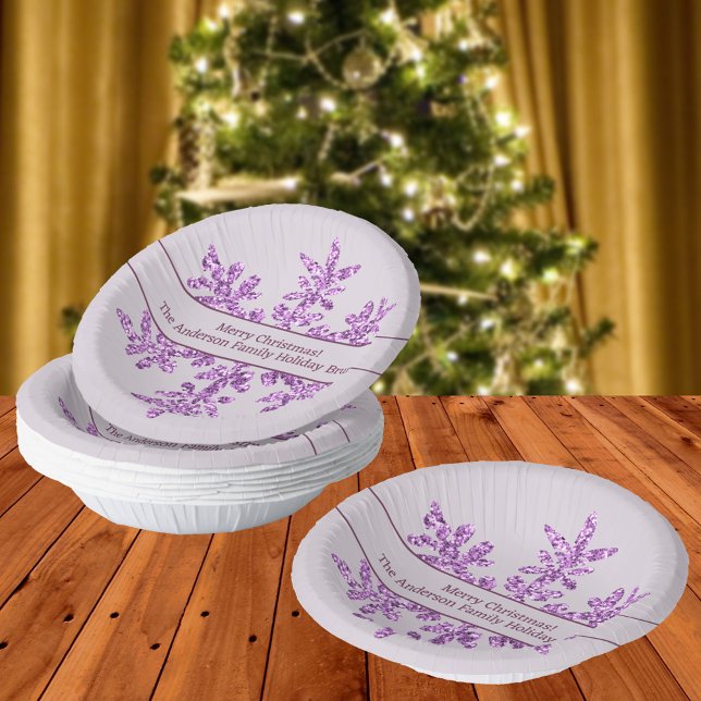 Snowflake Purple Glam Cute Christmas Party Paper Plate (These festive personalized holiday bowls with purple snowflakes are fun for your Christmas parties)