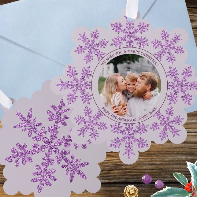 Snowflake Purple Glam Cute Family Photo Christmas Tree Decoration Card (These ornament Christmas cards in purple with snowflakes & your photo & text are easy to personalize)