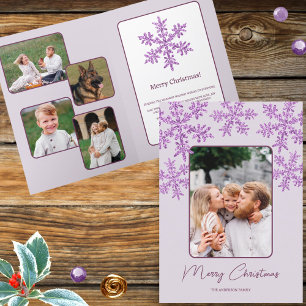 Snowflake Purple Glam Trendy Script Chic 5 Photo Holiday Card