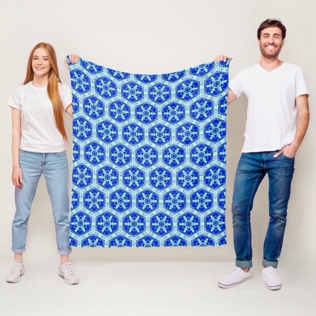 Snowflake Quit Pattern - Cobalt Blue and White  Fleece Blanket (In Situ)
