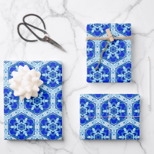 Snowflake Quit Pattern - Cobalt Blue and White Wrapping Paper Sheet