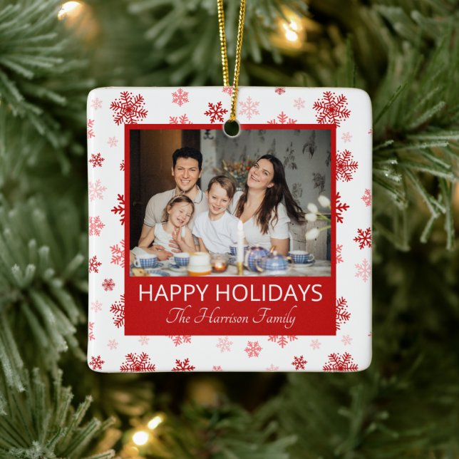 Snowflake Red 2 Photos Happy Holidays Family  Ceramic Ornament (Tree)