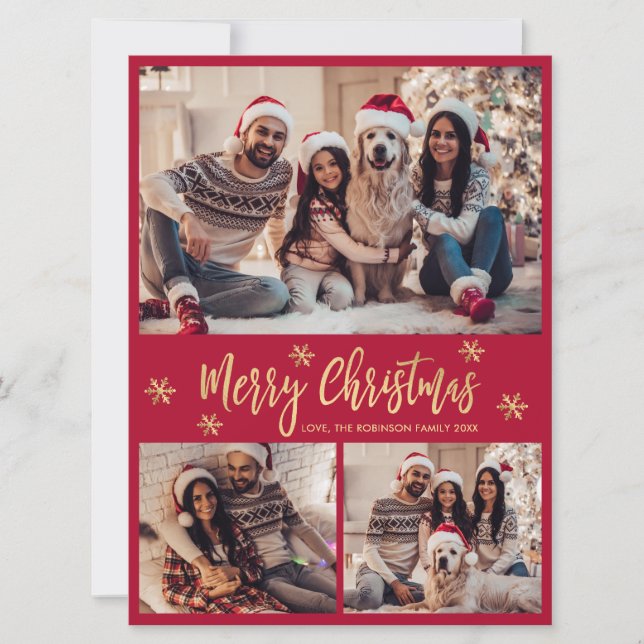 Snowflake Red and Gold 4 Photo Collage Christmas Holiday Card (Front)