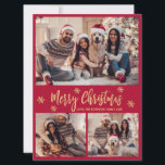 Snowflake Red and Gold 4 Photo Collage Christmas Holiday Card<br><div class="desc">Modern Elegant Calligraphy Snowflake Red and Gold 4 Photo Collage Merry Christmas Script Holiday Card. This festive, minimalist, four (4) photo holiday greeting card template features a grid photo collage, some snowflake and says „Merry Christmas”! The „Merry Christmas” greeting text is written in a beautiful hand lettering brush font script...</div>