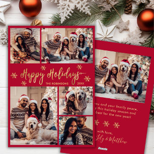 Snowflake Red and Gold 5 Photo Collage Christmas Holiday Card