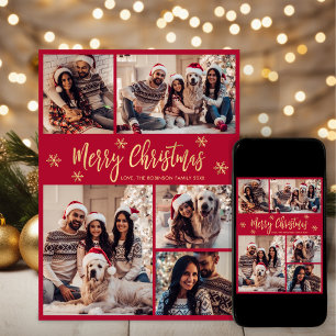 Snowflake Red and Gold 5 Photo Collage Christmas Holiday Card