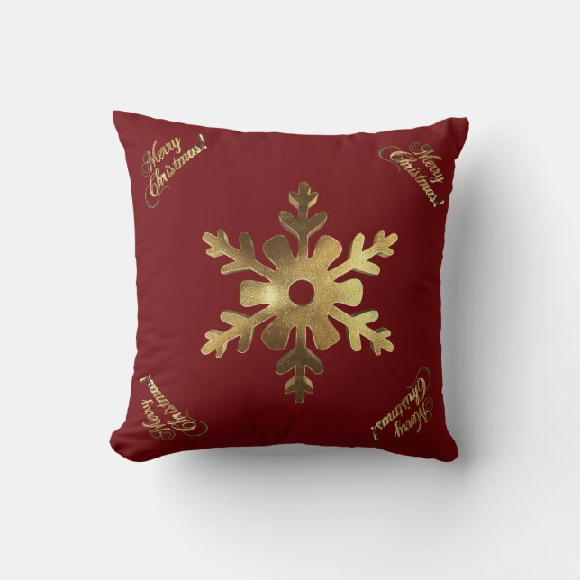 Snowflake Red and Gold Merry Christmas Cushion (Front)