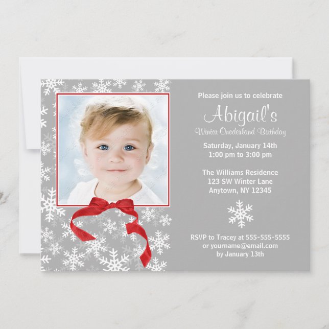 Snowflake Red Bow Winter Onederland Photo Birthday Invitation (Front)