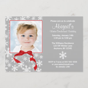 Snowflake Red Bow Winter Onederland Photo Birthday Invitation