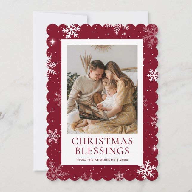 Snowflake Red Christmas Blessings Photo Holiday Card (Front)