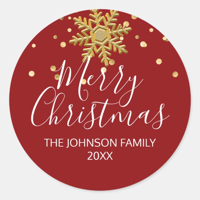 Snowflake RED Gold Confetti Merry Christmas Classic Round Sticker (Front)