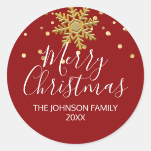 Snowflake RED Gold Confetti Merry Christmas Classic Round Sticker