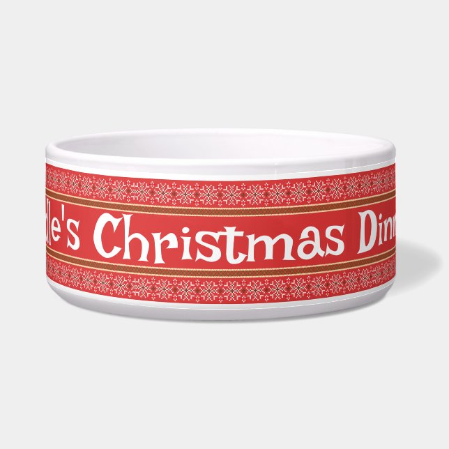 Snowflake Red Personalised Dog Bowl  (Front)