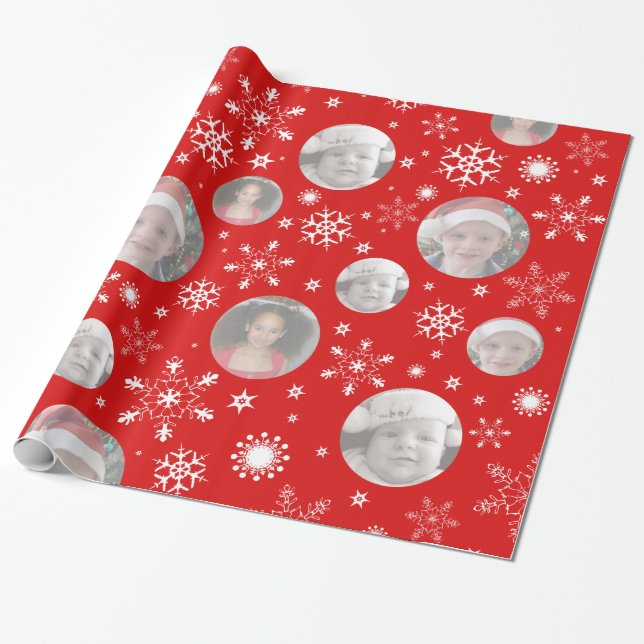 Snowflake red photo pattern Christmas family photo Wrapping Paper (Unrolled)