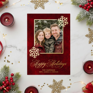 Snowflake Red Velvet Photo Happy Holidays Foil Holiday Card