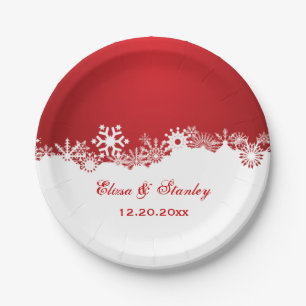 Snowflake red white winter modern wedding paper plate