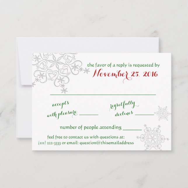 Snowflake Red with Green Winter Wedding RSVP Card (Front)