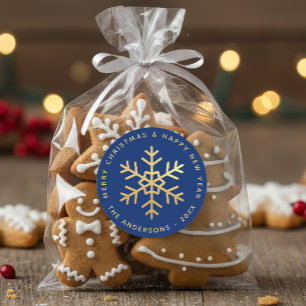 Snowflake Royal Blue Elegant Faux Gold Christmas  Classic Round Sticker