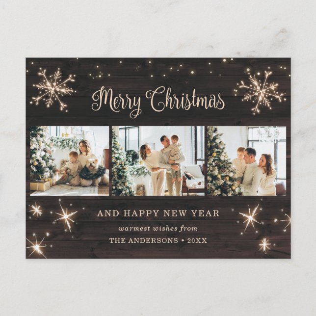 Snowflake Rustic Wood 3 Photo Collage Holiday Postcard (Front)