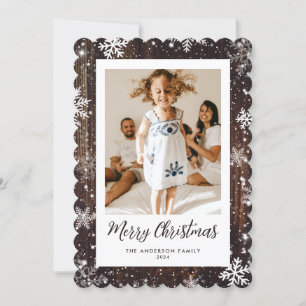 Snowflake Rustic Wood Photo Merry Christmas Card