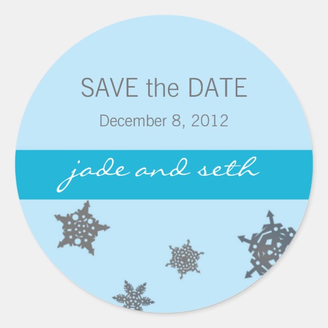 snowflake save the date classic round sticker (Front)