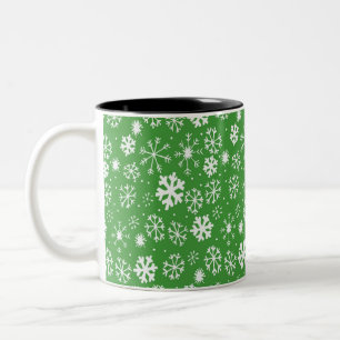 Snowflake Snowstorm With Green Background Two-Tone Coffee Mug
