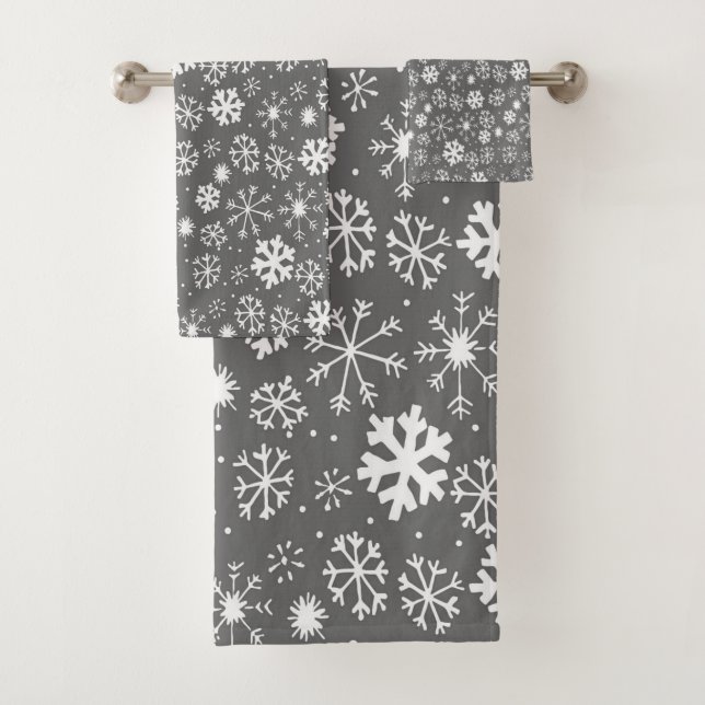 Snowflake Snowstorm With Silver Grey Background Bath Towel Set (Insitu)