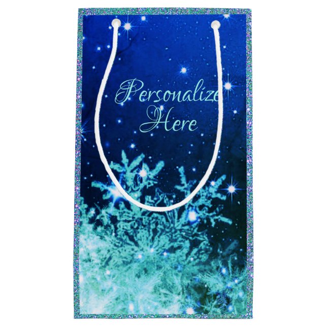 Snowflake sparkle blue teal  small gift bag (Front)