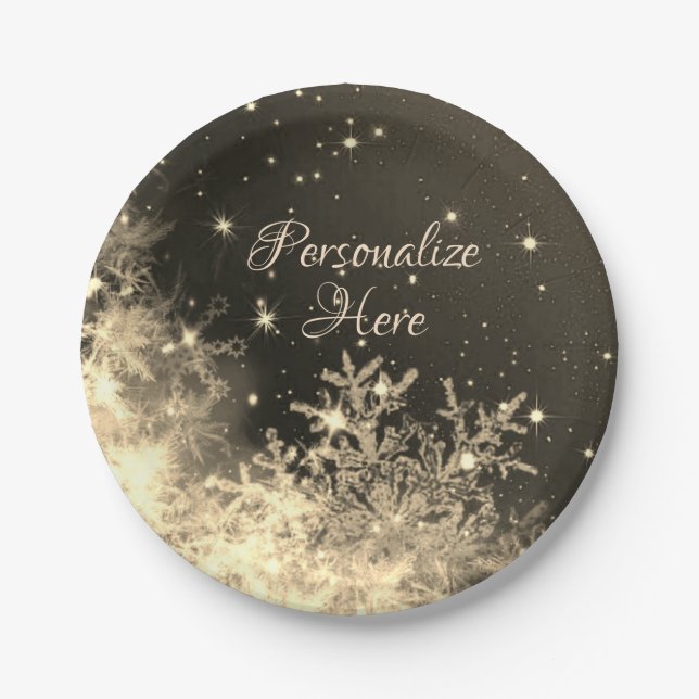 Snowflake sparkle gold brown cream winter paper plate (Front)