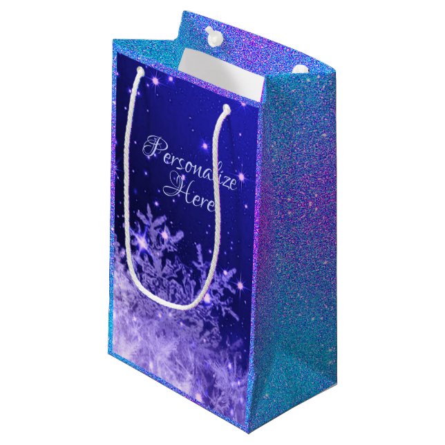 Snowflake sparkle purple blue white glitter look small gift bag (Front Angled)