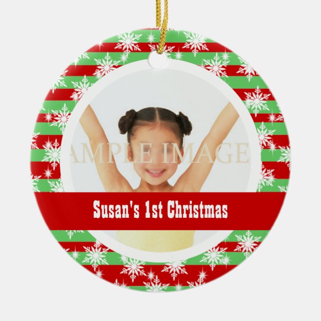 Snowflake stripes photo template ceramic tree decoration (Front)