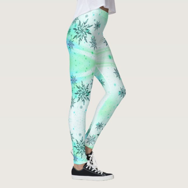 Snowflake swirl blue green white cute winter  leggings (Right)