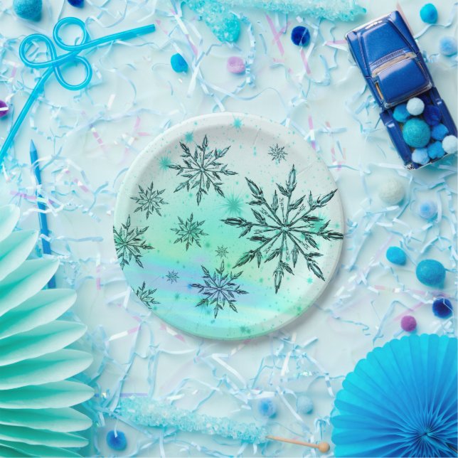 Snowflake swirl teal blue green white paper plate (Party)