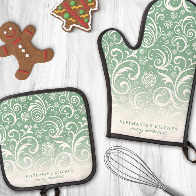 Snowflake Swirls On Green Cute Custom Christmas Oven Mitt & Pot Holder Set (Creator Uploaded)
