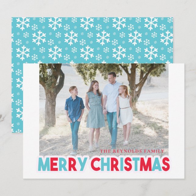 Snowflake Teal and Red Merry Christmas Photo Holiday Card (Front/Back)