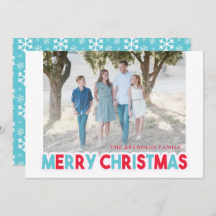 Snowflake Teal and Red Merry Christmas Photo Holiday Card
