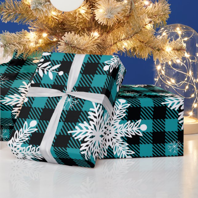 Snowflake Teal Black Plaid Wrapping Paper (Holidays)