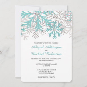 Snowflake Teal Blue Silver Winter Wedding Invites