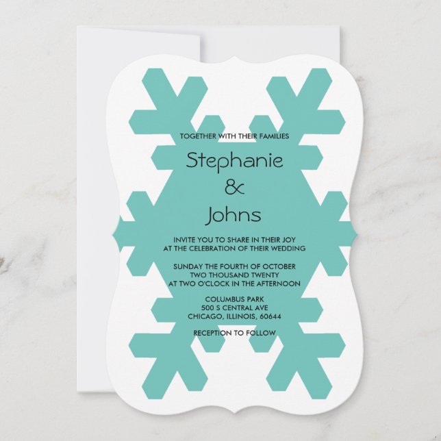 Snowflake Teal Blue White Elegant Winter Wedding Invitation (Front)