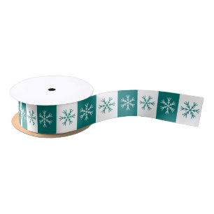 Snowflake Teal White Stripe Christmas Pattern Satin Ribbon