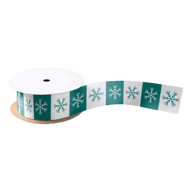 Snowflake Teal White Stripe Christmas Pattern Satin Ribbon (Spool)