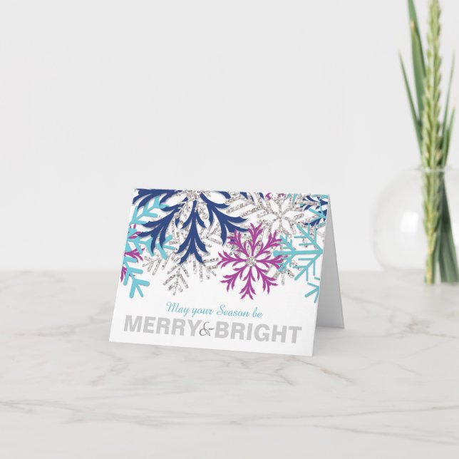 Snowflake Turquoise Navy Orchid Silver Holiday Card (Front)
