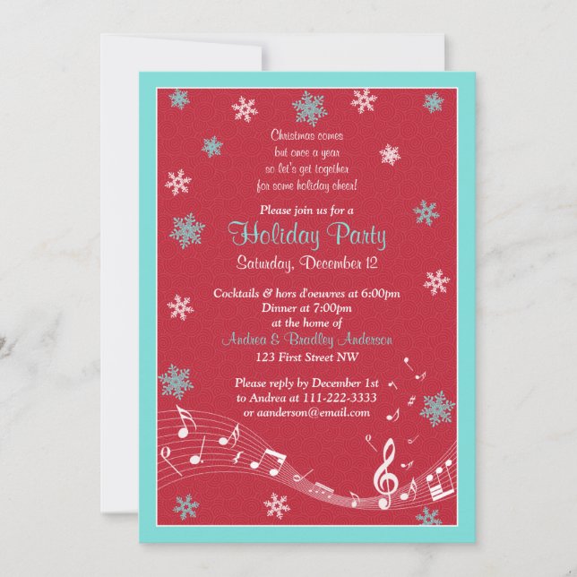Snowflake Turquoise Red White Christmas Holiday Invitation (Front)