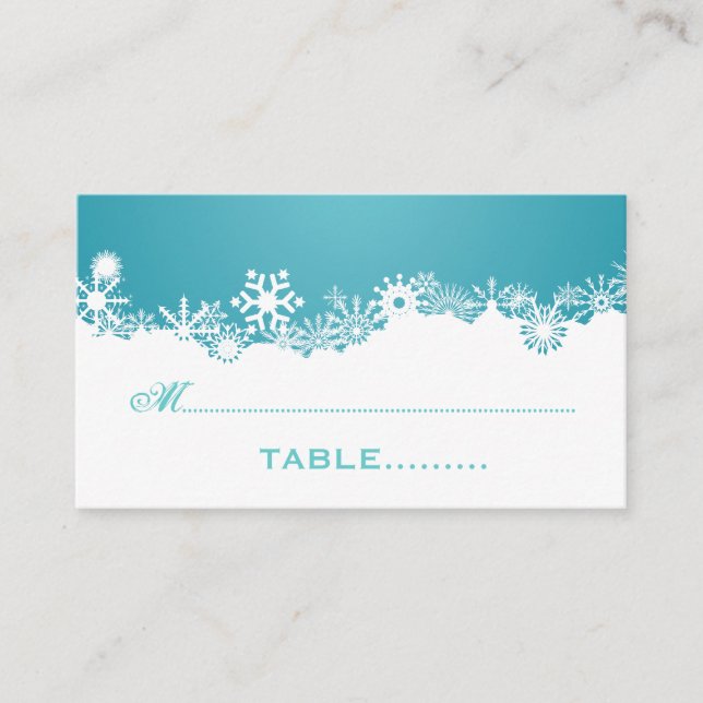 Snowflake turquoise winter wedding place card (Front)