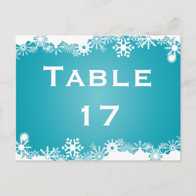 Snowflake turquoise winter wedding table number postcard (Front)