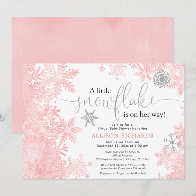Snowflake Virtual baby shower girl pink silver Invitation (Front/Back)