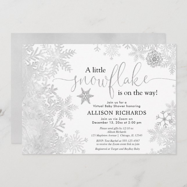 Snowflake Virtual baby shower silver white Invitation (Front/Back)