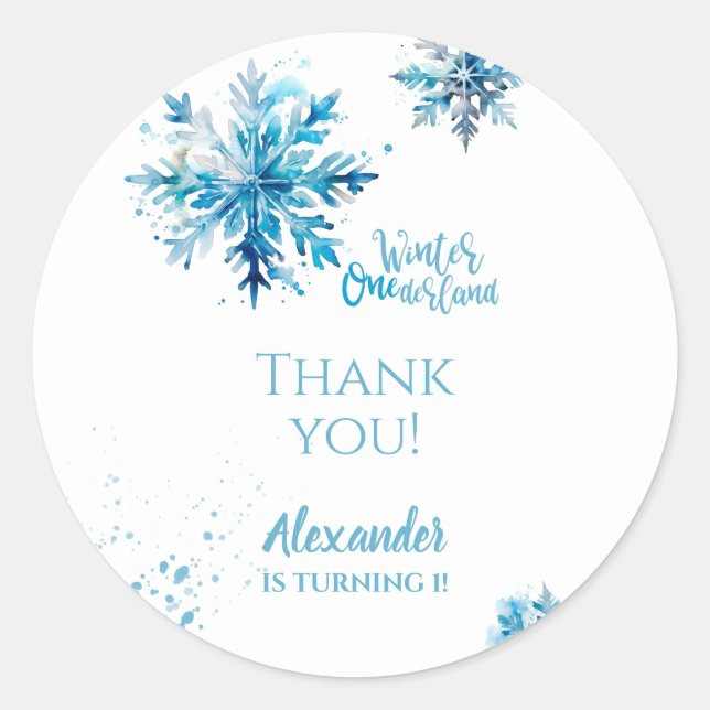 Snowflake Watercolor Blue Winter ONEderland Classic Round Sticker (Front)