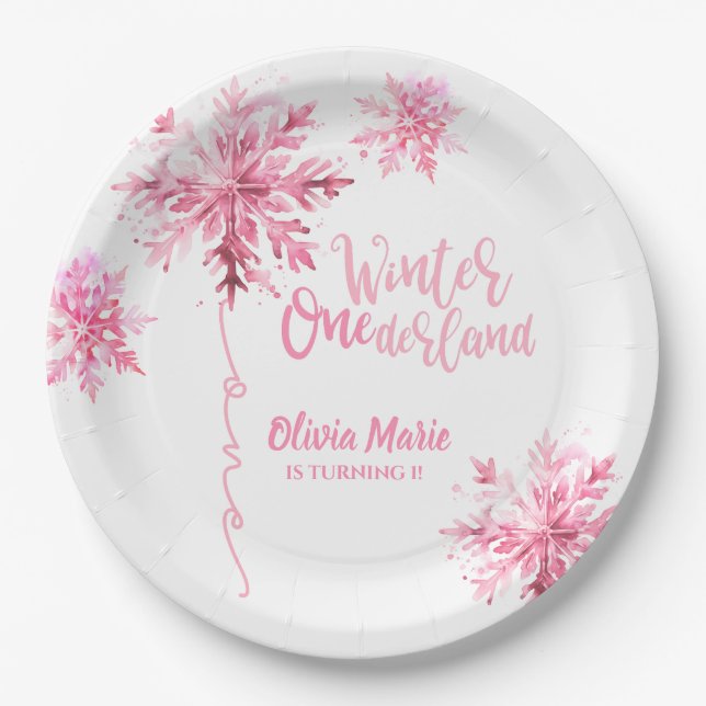 Snowflake Watercolor Winter ONEderland Birthday Paper Plate (Front)